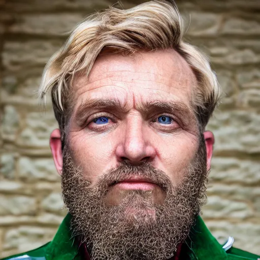 Prompt: close up of face of average looking 5 0 year old blond man with a blond beard and blond mutton chops, short wavy blond hair, green eyes, 1 8 0 0 s soldier, portrait, 4 k