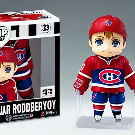 Image similar to high quality portrait flat matte painting of cute Nendoroid figurine of Patrick Roy Goaltender, in the style of nendoroid and manga NARUTO, number 33 on jersey, Patrick Roy Goaltender, An anime Nendoroid of Patrick Roy, hall of fame goalie Patrick Roy!!!, number 33!!!!!, Montreal Habs Canadiens figurine, detailed product photo, flat anime style, thick painting, medium close-up