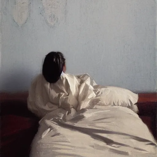 Image similar to girl with pony tail, in kimono, backview, sitting on edge of bed, by jeremy lipking, tim rees, joseph todorovitch, 8 k, sharp, detailed, high quality