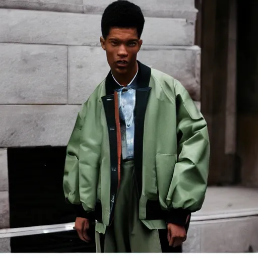 Prompt: realistic photoshooting for a new balenciaga lookbook color film photography of a beautiful woman model, model wears a workwear jacket, photo in style of tyler mitchell, ssense