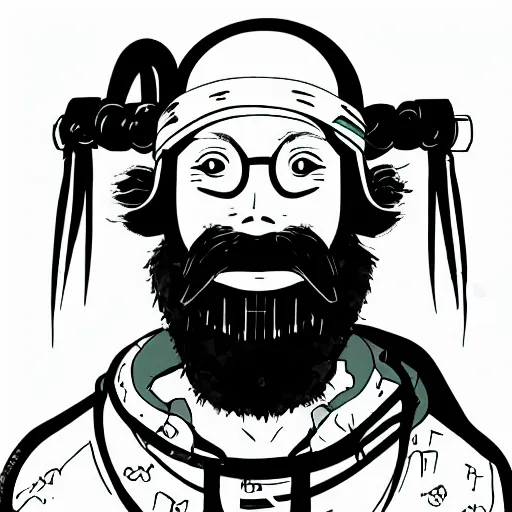 Prompt: studio ghibli cyberpunk portrait character, charming japanese cyberpunk portrait of a bearded character, cartoon,