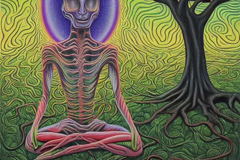 Prompt: painting of a terrified alien meditating under a tree by alex grey, acrylic art, dreadful, soothing, somber, elegant, soft light,