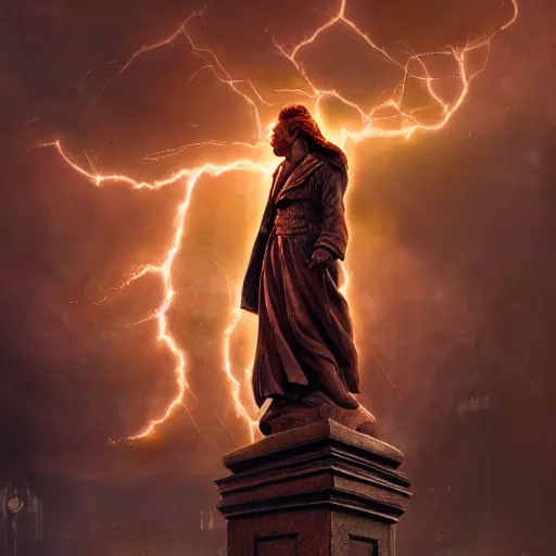 Prompt: photorealistic copper statue getting struck by lightning in the style of thomas kinkade and greg rutkowski. hyperdetailed photorealism by michael whelan, 1 0 8 megapixels, 1 0 k resolution, cinematic lighting