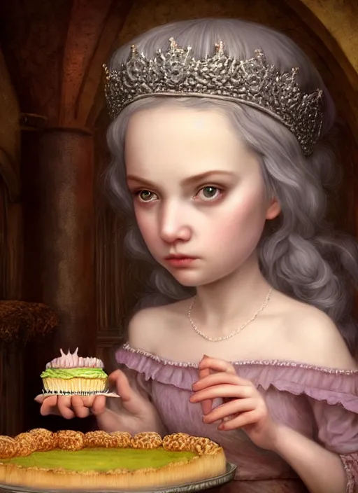 Image similar to highly detailed closeup portrait of an irish fairytale medieval princess eating cake, unreal engine, nicoletta ceccoli, mark ryden, lostfish, earl norem, global illumination, god rays, detailed and intricate environment