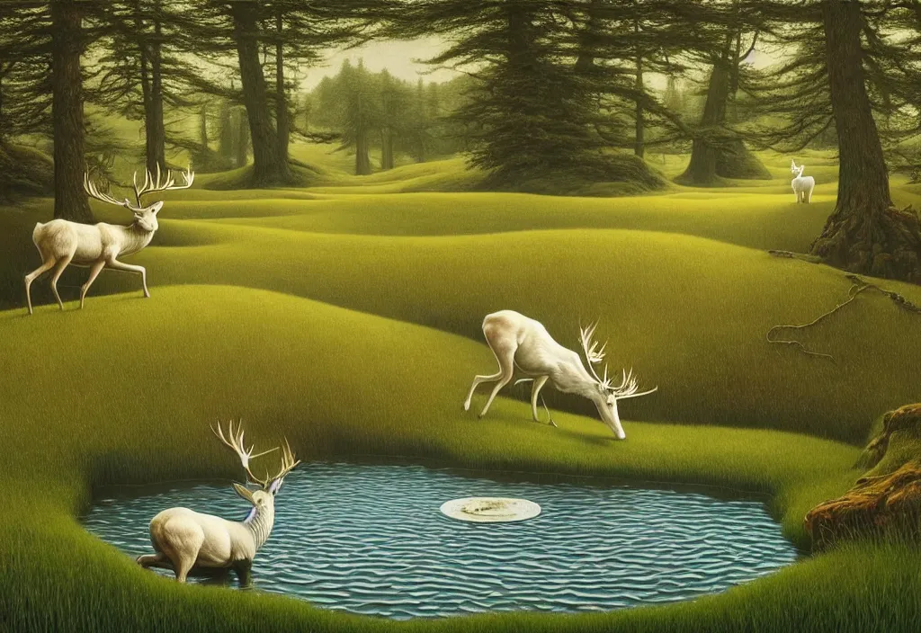 Image similar to hyper detailed 3d render like a Oil painting - white stag drinking from a pond in a peaceful lush meadow, by Jacek Yerka, Mariusz Lewandowski, Houdini algorithmic generative render, Abstract brush strokes, Masterpiece, Edward Hopper and James Gilleard, Zdzislaw Beksinski, Mark Ryden, Wolfgang Lettl, hints of Yayoi Kasuma, octane render, 8k