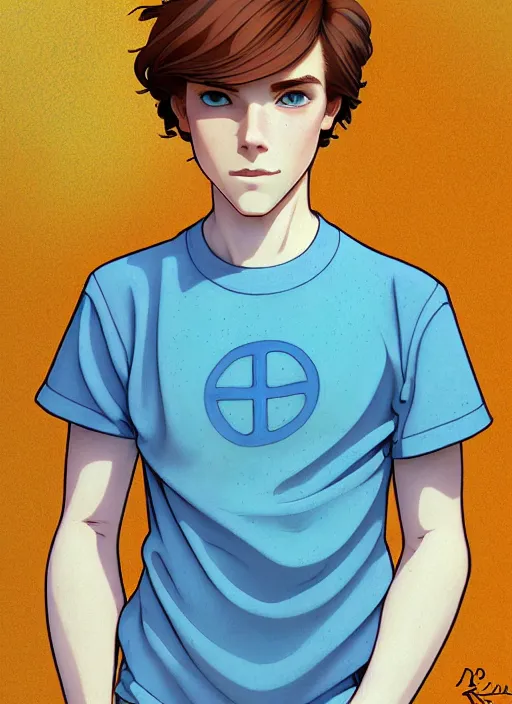 Image similar to art nouveau portrait of a teen boy with completely straight auburn hair, light blue eyes, pale skin, freckles, sad expression, t - shirt, modern casual clothing, natural lighting, path traced, highly detailed, high quality, cartoon, digital painting, by don bluth and ross tran and studio ghibli and alphonse mucha