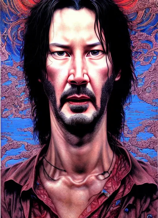 Prompt: realistic detailed image of a Keanu Charles Reeves by Ayami Kojima, Amano, Karol Bak, Greg Hildebrandt, and Mark Brooks, Neo-Gothic, gothic, rich deep colors. Beksinski painting. art by Takato Yamamoto. masterpiece