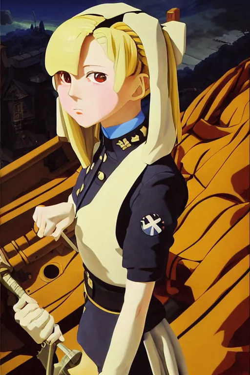 Image similar to baroque oil painting of propaganda poster anime key visual full body portrait of anime maid nazi military ss uniform, blond hair, blue eyes, brutalist, dark fantasy, rule of thirds golden ratio, fake detail, trending pixiv fanbox, acrylic palette knife, style of makoto shinkai genshin impact studio ghibli jamie wyeth greg rutkowski chiho aoshima