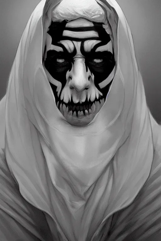 Image similar to portrait of an evil pope with black and white face paint plotting against humanity, ghost, Papa Emeritus, highly detailed, digital painting, artstation, concept art, sharp focus, illustration, art by artgerm and greg rutkowski and alphonse mucha