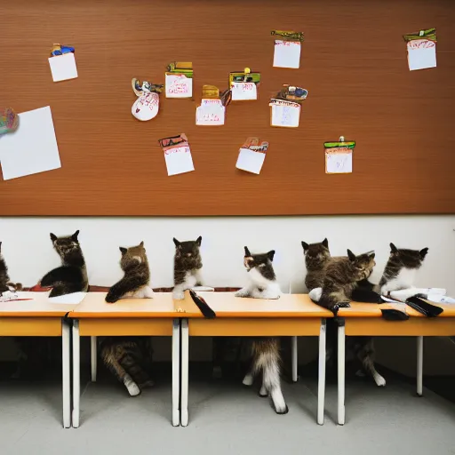 Prompt: anthropomorphic cute kittens sitting at their desks on the first day of kindergarten, medium shot by Wes Anderson