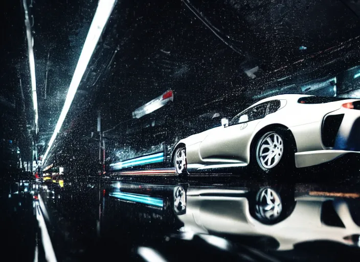 Prompt: symmetry!! close up macro shot of a toyota supra car on wet tokyo street at night, intricate, hyper detailed, smooth, high contrast, neon, volumetric lighting, octane, moebius, greg rutkowski, blade runner, ripley scott, cindmatic