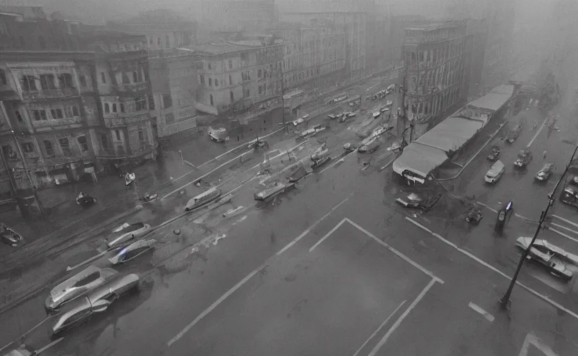 Prompt: 40s aerial historic footage of a sovietic street with pedestrians, top shot , aerial photograph Cinestill 800t 18mm, heavy grainy picture, very detailed, high quality, 4k panoramic, billboards and streetlight at night, rain, mud, foggy