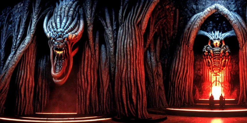 Image similar to huge balrog in the great hall of moria, columns along both sides of the great hall, balrog is breathing fire, style of h. r. giger, cinematic, movie still, cgi, directed by ridley scott