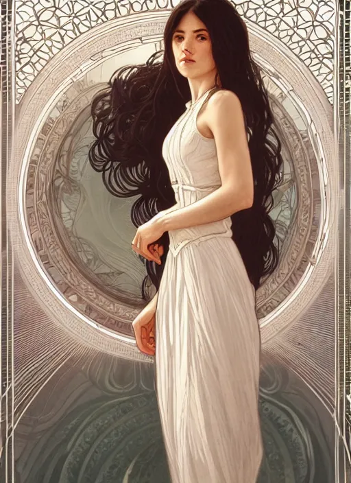 Image similar to long shot, woman posing, short wavy hair, round face, intricate white dress, cottagecore!!, inside water, intricate, enlightened, highly detailed, digital painting, artstation, concept art, smooth, sharp focus, illustration, art by artgerm and greg rutkowski and alphonse mucha