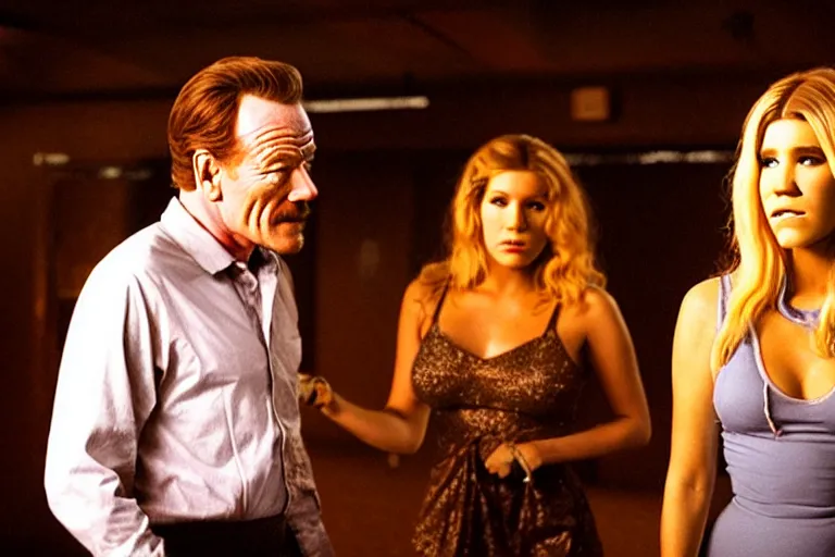 Image similar to film still of bryan cranston and kesha in cosmic horror! the musical by david cronenberg, budapest street background, 3 5 mm film, atmospheric, ultra fine detail, film grain, photorealistic, hyperrealistic dramatic lighting