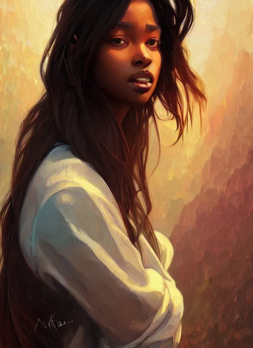 Prompt: handsome black young women with shoulder length brown hair, half body shot, path traced, highly detailed, high quality, digital painting, alena aenami, lilia alvarado, shinji aramaki, karol bak, alphonse mucha, tom bagshaw