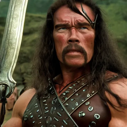 Prompt: Beatrice Arthur replacing Arnold Schwarzenegger as Conan The Barbarian, cinematic, realistic, 8k scan hq
