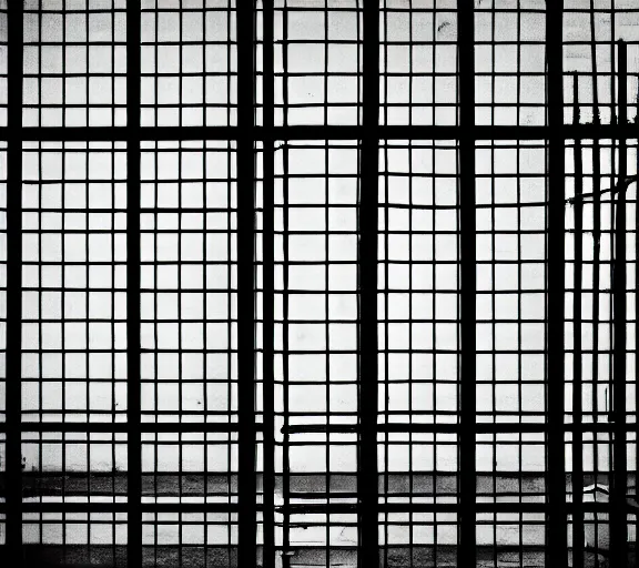 Image similar to Joachim Brohm photo of 'canada goose perched behind jail bars', high contrast, high exposure photo, monochrome, grainy, close up