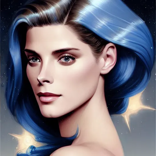 Prompt: Ashley Greene's face combined with Grace Kelly's face with blue hair wearing power armor, western, D&D, fantasy, intricate, elegant, highly detailed, digital painting, artstation, concept art, matte, sharp focus, illustration, art by Artgerm and Greg Rutkowski and Alphonse Mucha