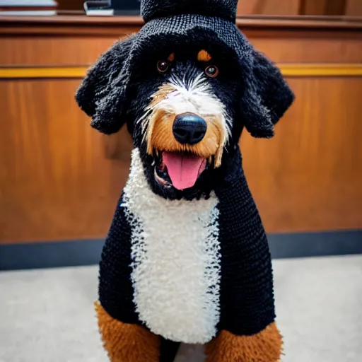 Image similar to a closeup photorealistic photograph of a cute smiling knitted bernedoodle judge dog dressed in a black gown, presiding over the courthouse. indoor image, professional capture, well lit shot. this 4 k hd image is trending on artstation, featured on behance, well - rendered, extra crisp, features intricate detail, epic composition and the style of unreal engine.