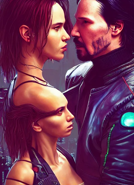 Image similar to a cyberpunk 2077 couple portrait of Keanu Reeves & female android in final kiss,love,film lighting,by Laurie Greasley,Lawrence Alma-Tadema,Dan Mumford,artstation,deviantart,FAN ART,full of color,Digital painting,face enhance,highly detailed,8K,octane,golden ratio,cinematic lighting