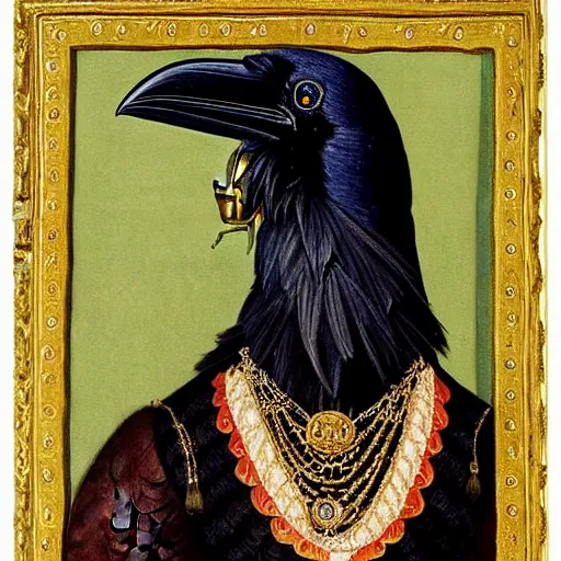 Image similar to a highly detailed painting of a raven dressed in an elegant embroidered vest, using a golden tudor necklace, in a room with thick red tapestries, by hans holbein
