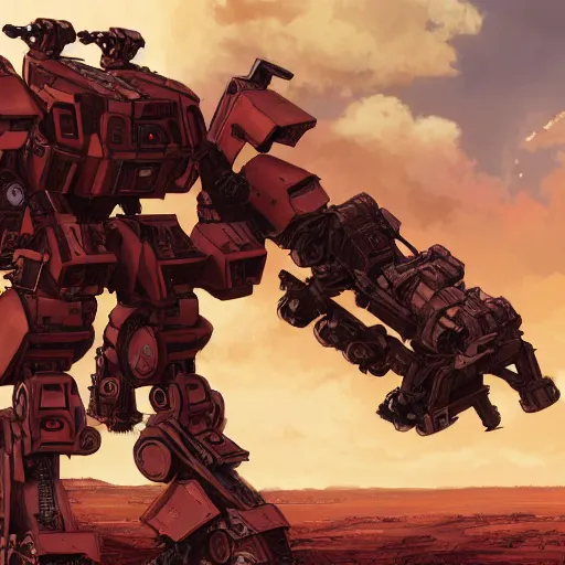 Prompt: anime style battlemech, post-apocalyptic, high-tech, hulking, wide shot, desert background, highly detailed, artstation, concept art, sharp focus, illustration, art by yoshiyuki tomino and magali villeneuve, red brown and blue color scheme