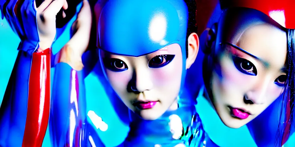 Image similar to a close - up risograph of cyberpunk japanese model girl with black eyes and pretty face wearing latex catsuit and lots of transparent and cellophane accessories, blue hour, twilight, cool, portrait, kodachrome, iso 1 2 0 0, painting by mayumi hosokura