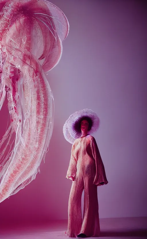 Prompt: fashion photography of a woman wearing an outfit inspired by a jellyfish, artistic photography, cinematic lighting, insanely detailed, chiaroscuro, cinestill 8 0 0 t, vogue magazine