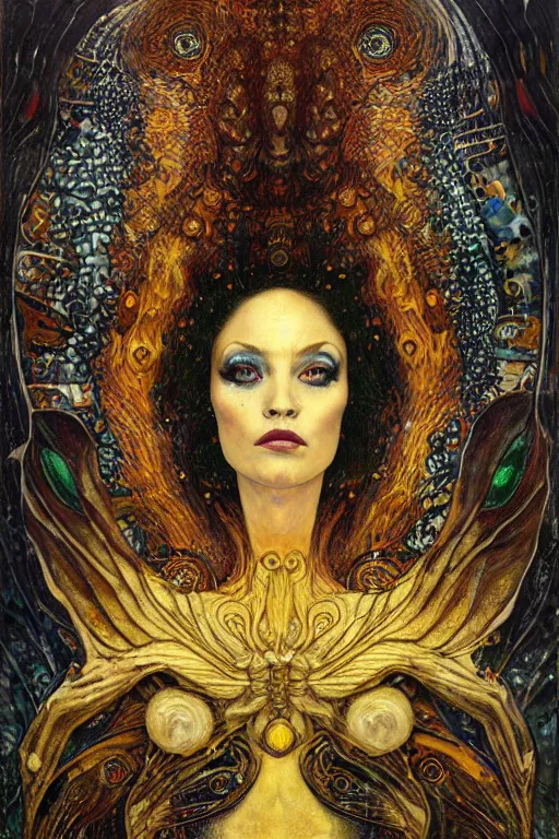 Image similar to Metamorphosis by Karol Bak, Jean Deville, Gustav Klimt, and Vincent Van Gogh, transformation portrait, chimera, visionary, cicada wings, otherworldly, fractal structures, ornate gilded medieval icon, third eye, hybrid, fusion, change, spirals, horizontal symmetry