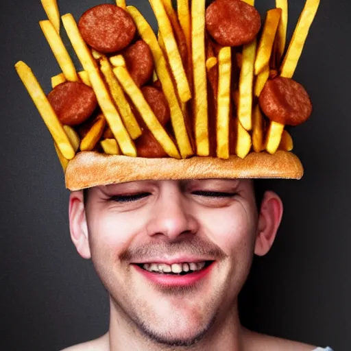 Image similar to a portrait of a person made out of hot dogs, hamburgers, and french fries. surreal. hyper realistic. photography. 4 k. hyper detail. very realistic.