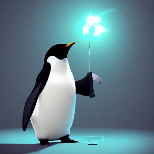 Image similar to a wizard penguin casting a spell, digital art, cinematic lighting