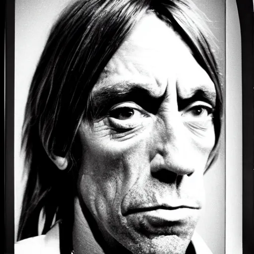 Image similar to Mugshot Portrait of Iggy Pop, taken in the 1970s, photo taken on a 1970s polaroid camera, grainy, real life, hyperrealistic, ultra realistic, realistic, highly detailed, epic, HD quality, 8k resolution, body and headshot, film still, front facing, front view, headshot and bodyshot, detailed face, very detailed face