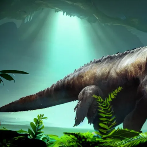 Image similar to a tyrannosaurus eating a baby harp seal, tropical jungle alien planet, genndy tartakovsky, primal, scary lighting, clear focus, very coherent