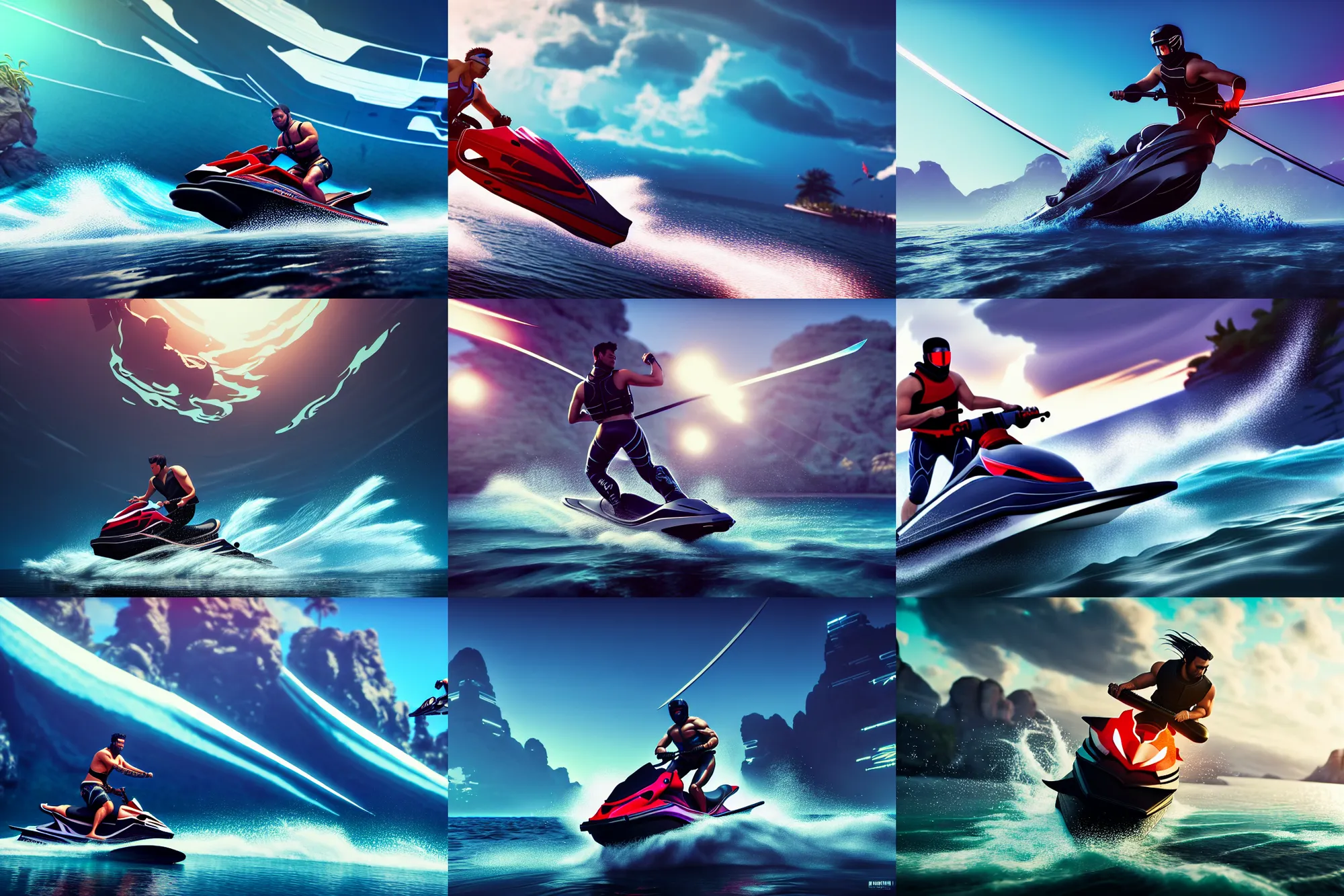 Prompt: full body drawing of a [ man riding jetski ] wearing a katana, intricate, epic lighting, cinematic composition, hyper realistic, 8 k resolution, unreal engine 5, by artgerm, tooth wu, dan mumford, beeple, wlop, rossdraws, james jean, andrei riabovitchev, artstation