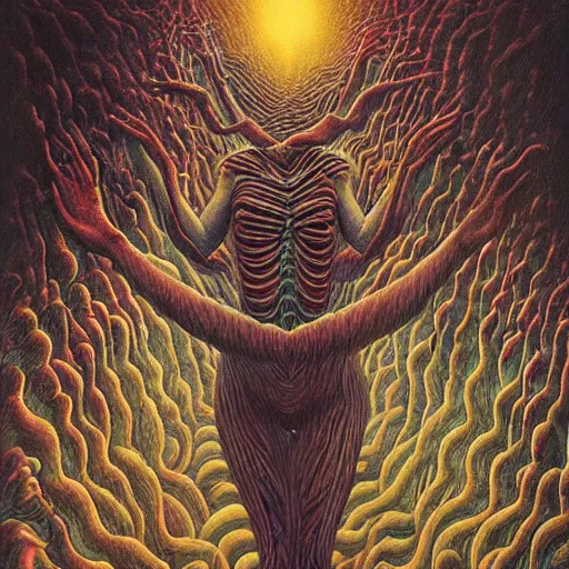 Image similar to a hyperrealistic brightly colored painting of a psychedelic alien nightmare, by john kenn mortensen and zdzislaw beksinski and alex grey, highly detailed, vivid color,