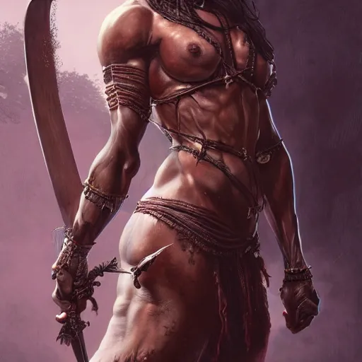 Prompt: wide painting of dark muscular oiled bengoli woman, bloody, carrying a sword, symmetric, veins, ultra realistic, concept art, intricate details, eerie, highly detailed, photorealistic, octane render, 8 k, unreal engine. art by artgerm and greg rutkowski and alphonse mucha