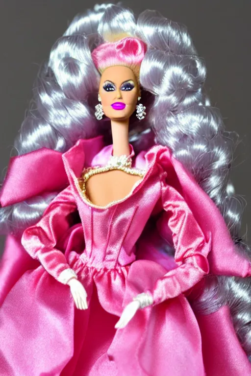 Image similar to drag queen barbie doll in pink rococo noble lady outfit, marie antoinette drag queen doll