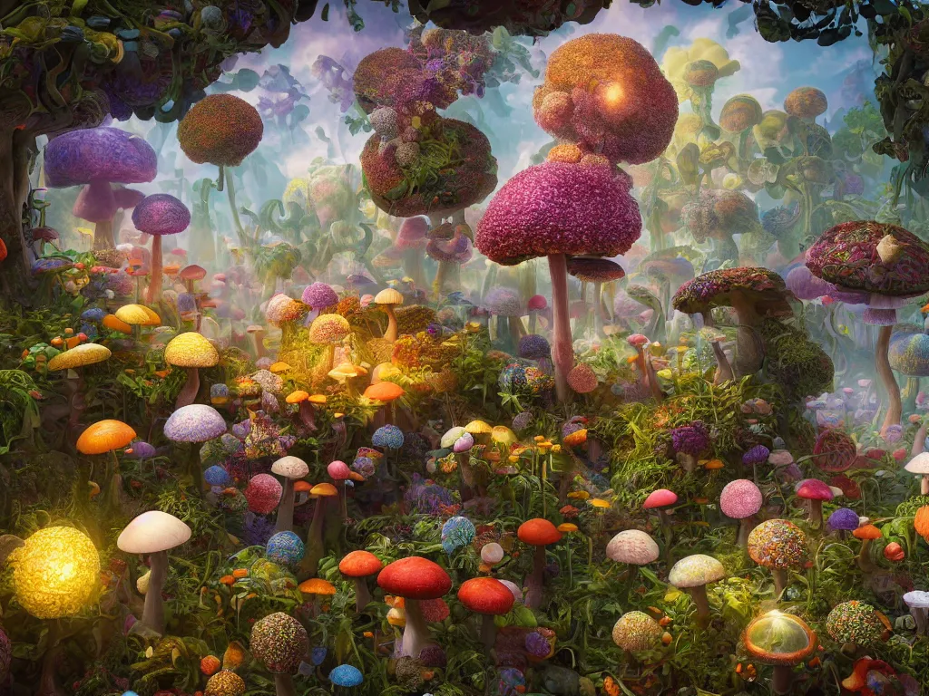 Image similar to The universe is a spheroid forest of enchanted mushrooms, 3d render, Sunlight Study, by Jan Davidsz de Heem and ((((Lisa Frank)))), Art Nouveau, 8k, extreme detail, sharp focus, octane render