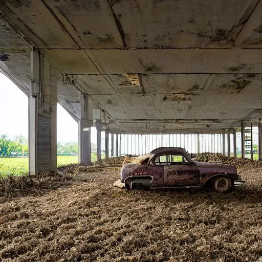 Prompt: a farm in an abandoned car parking building, photo by greg girard