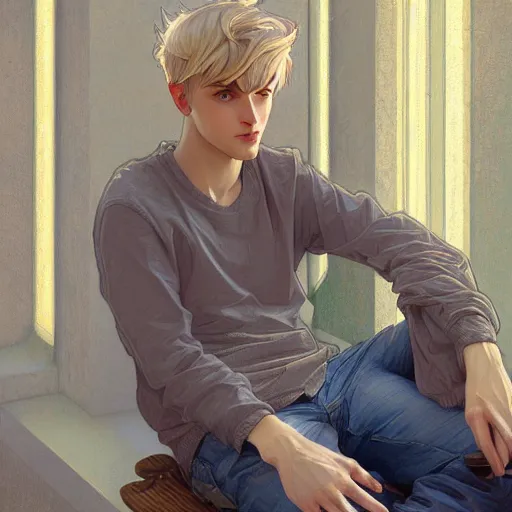 Prompt: young man with short, ash blond greyish hair, light brown eyes, casual clothes, relaxing, happy, path traced, highly detailed, high quality, digital painting, by alphonse mucha, sylvain sarrailh, beautiful details