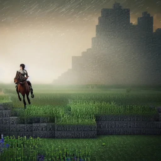 Image similar to eren yeager riding minecraft horse, beautiful face, stunning, octane render 8 k hdr, redshift render, rule of thirds, cinematic lighting, rainy weather, melancholy atmosphere, sharp focus, backlit, smooth, hard focus, full body shot, instagram photo, shot on sony a 7 iii, hyper realistic, cinematic