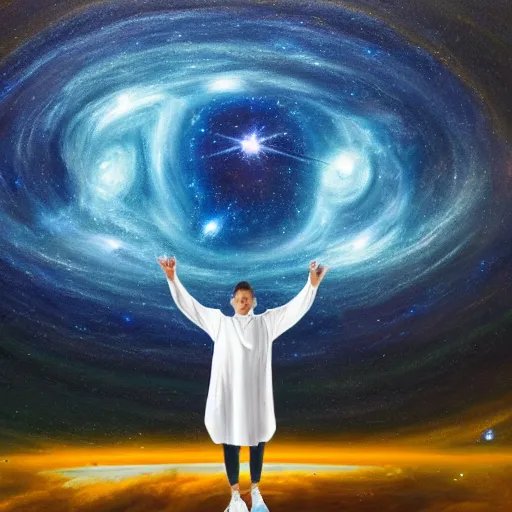 Image similar to guy with white hoodie levitates in the center of the galaxy painting