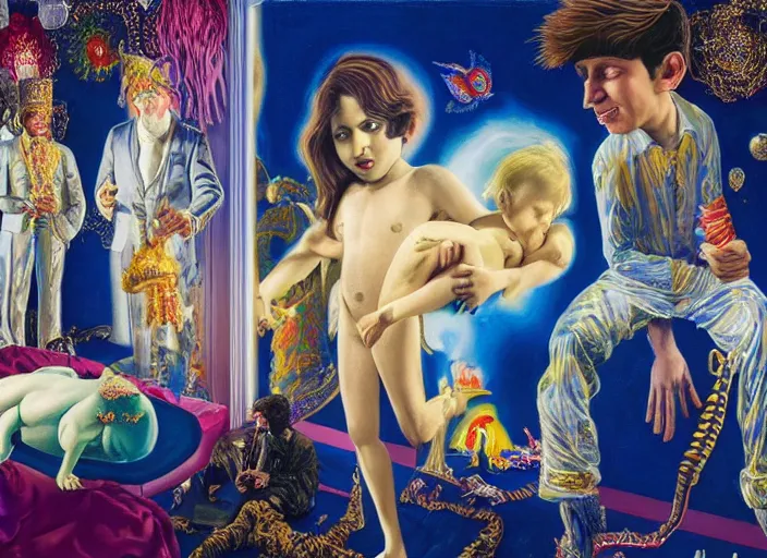 Image similar to rishi sunak and boris johnson in heaven, abstract oil painting by gottfried helnwein pablo amaringo raqib shaw zeiss lens sharp focus high contrast chiaroscuro gold complex intricate bejeweled