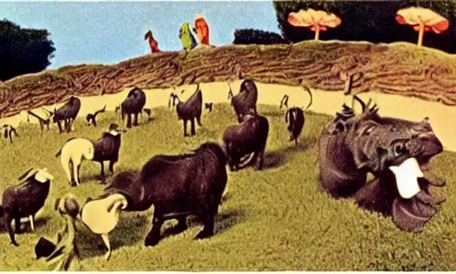 Image similar to full - color cinematic movie still from a 1 9 6 8 surreal film directed by salvador dali about children visiting a zoo. bizarre ; dream - like.