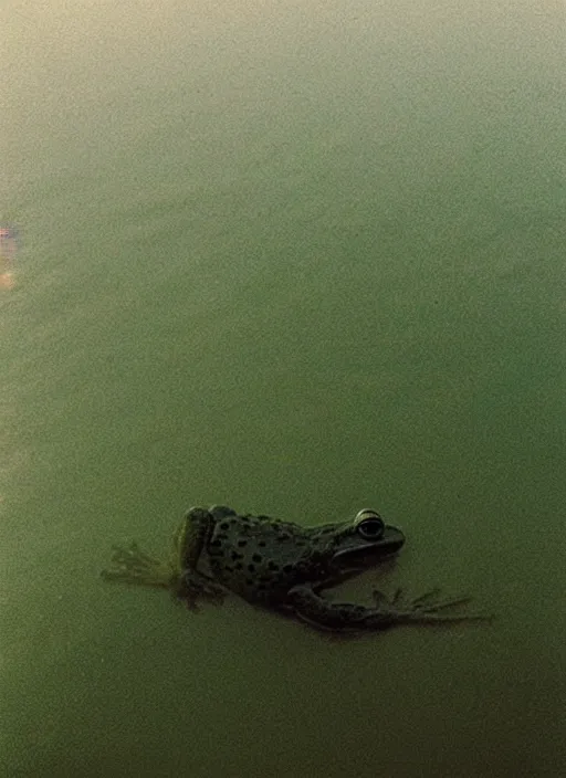 Image similar to “semitranslucent smiling frog amphibian floating over misty lake waters in Jesus Christ pose, low angle, long cinematic shot by Andrei Tarkovsky, paranormal, eerie, mystical”