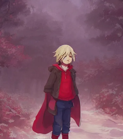 Image similar to attractive little boy character inspired in little red riding hood and kris from deltarune, digital artwork made by akihiko yoshida and makoto shinkai