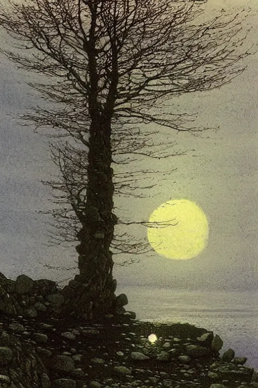 Image similar to a winter tree temple on a rock at sea, moon sky at night, john atkinson grimshaw