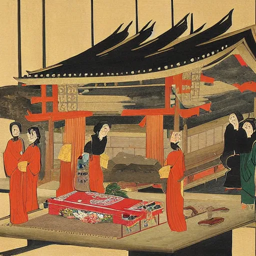 Image similar to a dramatic painting of a medieval Japanese funeral, by Santoshi Kon, detailed, golden hour