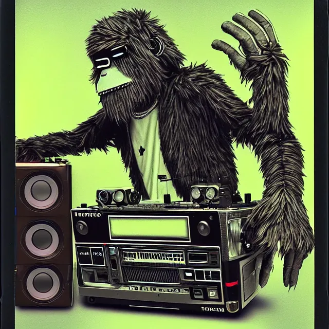 Image similar to a polaroid portrait of an anthropomorphic cyberpunk bigfoot dj at the turntables spinning records, detailed render, tape deck, boombox, headphones, epic composition, cybernetics, 4 k realistic, cryengine, realistic shaded lighting, sharp focus, masterpiece, by matteo scalera, gary montalbano, peter elson in the style of the tokyo ghost comic